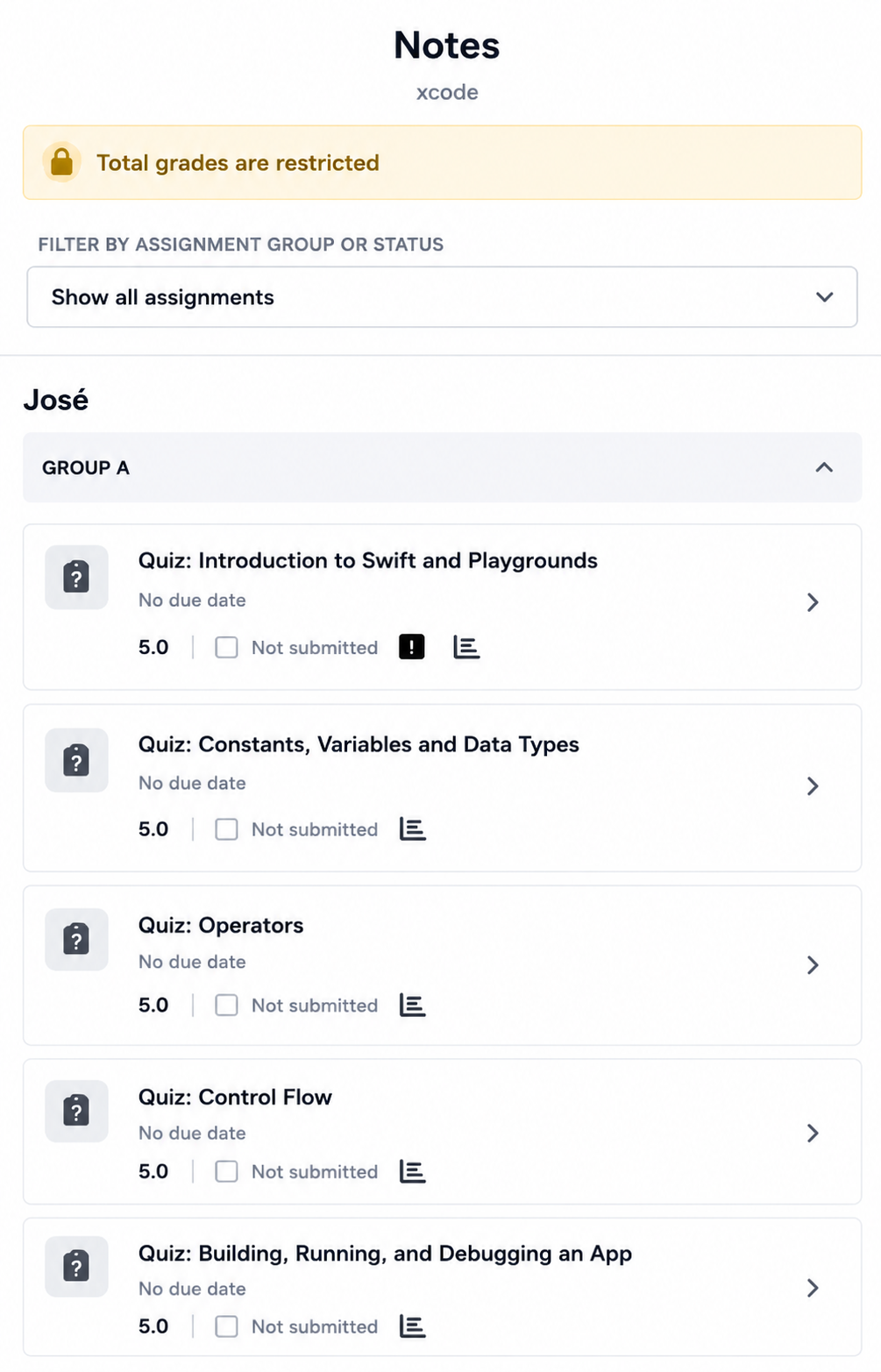 Student gradebook view in ChGradeBook