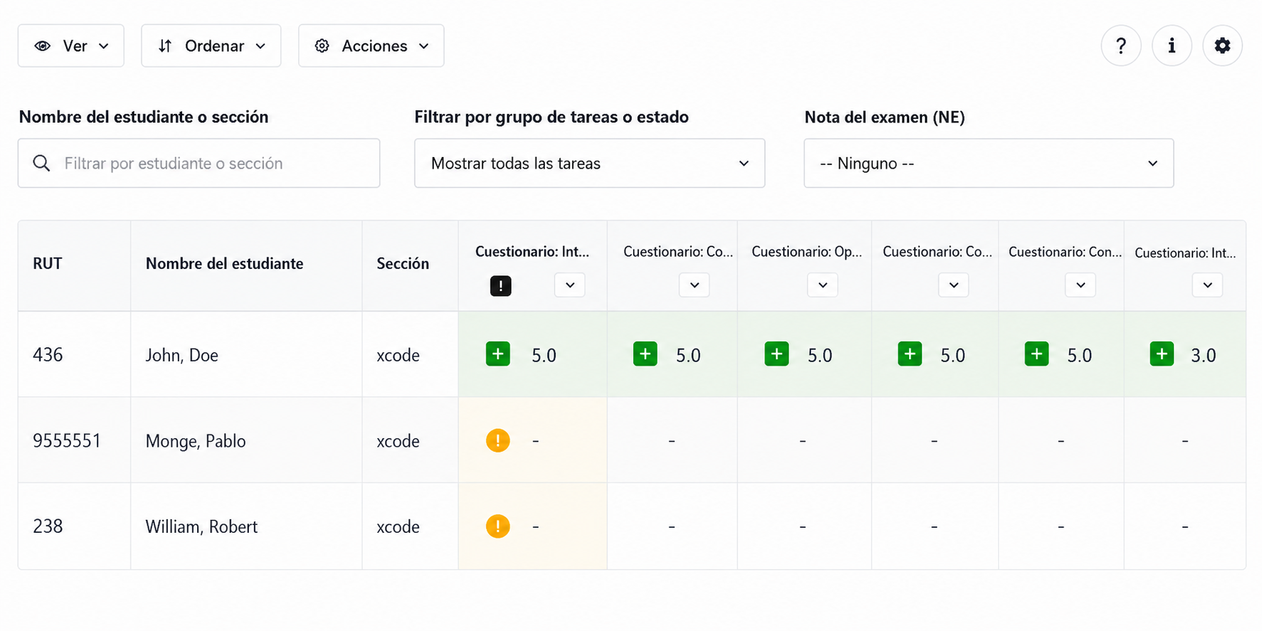 Vista del libro de calificaciones del profesor en ChGradeBook