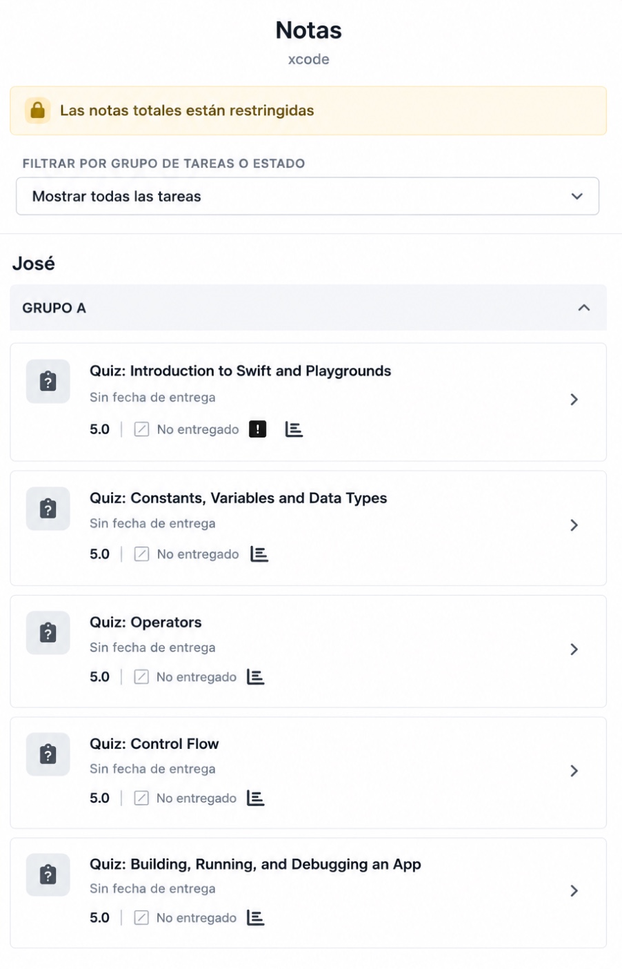Vista del libro de calificaciones del estudiante en ChGradeBook