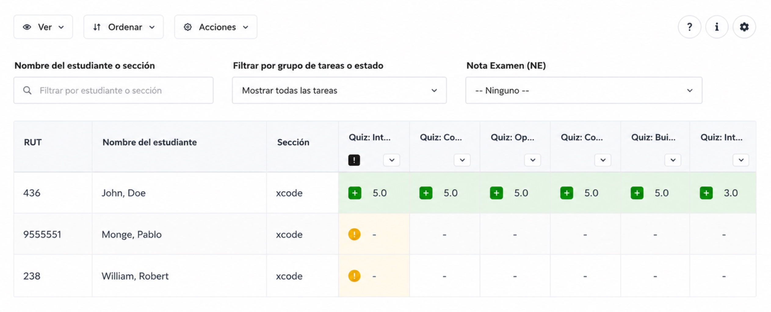 Vista del libro de calificaciones del profesor en ChGradeBook